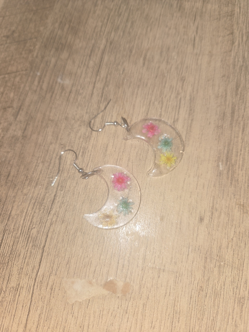Handcrafted Crescent Moon Floral Resin Earrings in Pink, Blue and Yellow